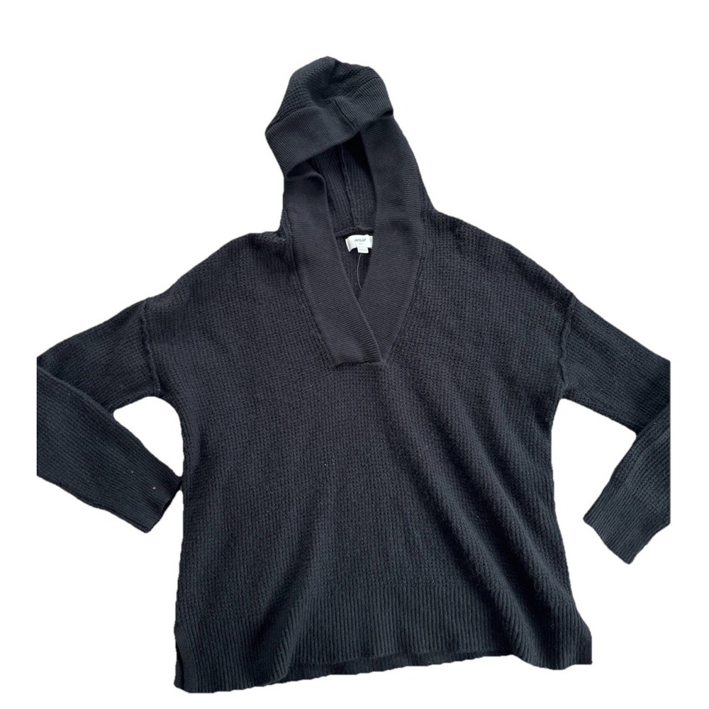 Aerie Sweater Womens Medium Black‎ CozyUp Waffle Hoodie Knit Deep V Pullover Top